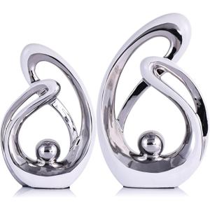 Home Decor Accent,Porcelain Art Mid Century Bookshelf Decorations,Gold Centerpieces for Tables,Abstract Ceramic Statue Sculpture for Coffee Table Mantel Tv Stand Centerpieces (White Silver, Large)