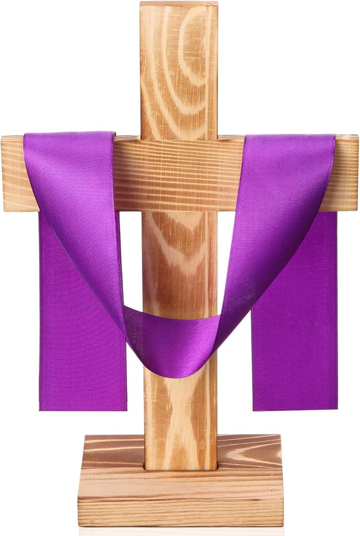 Qunclay 11.8" Standing Rustic Pine Wood Cross Decor, Religious Tabletop Centerpiece with Ribbon, He Is Risen Decoration for Home, Church, Baptism, Communion, Lent, Easter(Purple,1 Pcs)