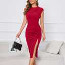 Ihot 2026 Women's Mock Neck Side Slit Ruched Bodycon Cocktail Party Wedding Guest Midi Dress (Red, S)