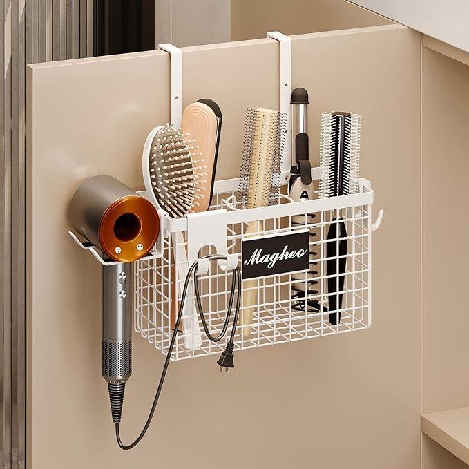 Hair Dryer Holder Cabinet Door 3-in-1 Adhesive Hair Tool Organizer Wall Mounted Adjustable Height Blow Dryer Holder Under Sink Bathroom Hair Appliance Organizer and Storage Countertop(Black)