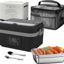 Heated Lunch Box with Battery, 1.3 L Adult Lunch Box with Stainless Steel Dishes and Insulated Bag, Rechargeable Electric Lunch Box with Timer and Function (D)