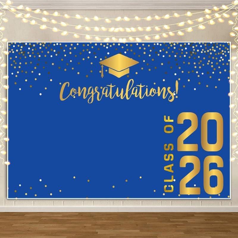 Graduation Backdrop 2026 10x8 ft Class of 2026 Gold and Blue Vinyl Congrats Grad Banner for High School College Photoshoot Prom Party Studio Props