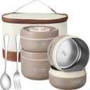 Dandat 4 Pcs Insulated Bento Box Portable Stainless Steel Food Container Round Stackable Leakproof Thermal Food Container for Adult Men Women with Insulated Bag, 74 oz(Khaki)