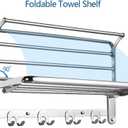 HOONEX Foldable Towel Rack for Bathroom Wall Mounted, 24 Inch Towel Shelf with Towel Hooks and Adjustable Towel Bar, 304 Stainless Towel Holder, Polished Silver