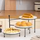 Kanwone 3 Tiered Serving Stand with White Porcelain Plates, 10" Round Tray, Dessert Table Display Set, Black Metal Stand, Versatile & Durable