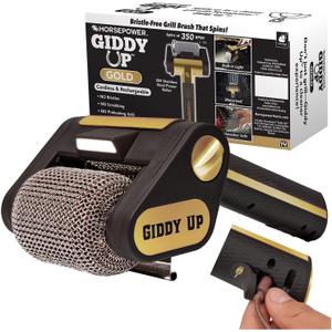 Horsepower Giddy Up GOLD Bristle-Free Spinning Grill Brush w/LED & Longer Run Time, Cordless/Rechargeable, 304 Stainless Steel Power Roller Blasts Away Burnt-On Food, No Bristles No Preheating 350 RPM