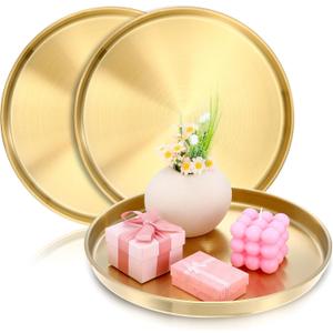 3 Pcs Gold Tray, 12 inch Round Serving Tray Stainless Steel, Bar Circle Decorative Plate, Coffee Table Metal Decor Dishes, Vanity Tray Jewelry Makeup Organizer for Bathroom Candle Perfume