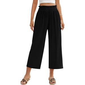 HEEKPEK Linen Capri Pants for Women Wide Leg Casual Elastic High Waist Trousers Flowy Beach Cropped Pants with Pockets (Black, L)
