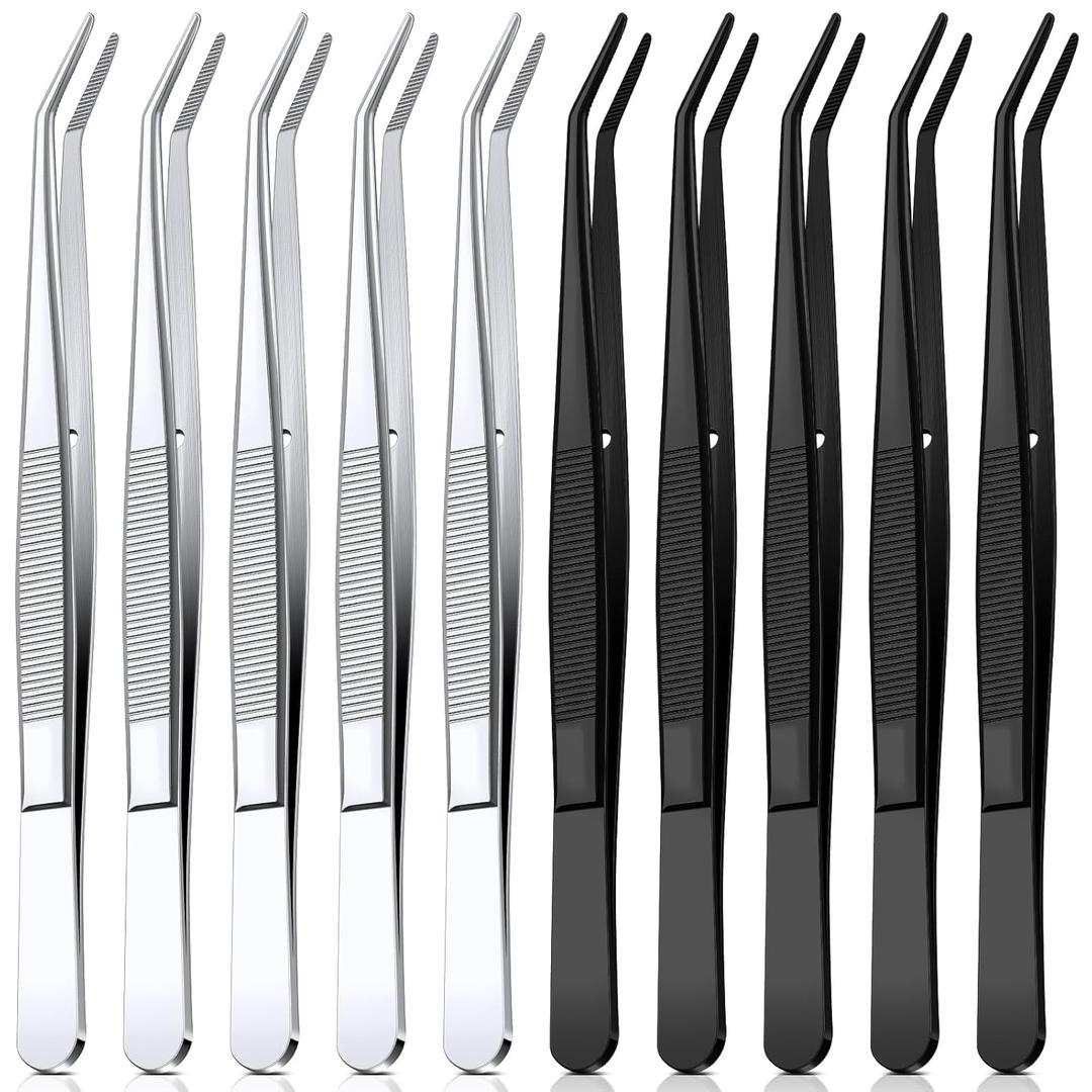 Honoson 10 Pcs Stainless Steel Tweezers for Crafting with Curved Serrated Tip Multipurpose Forceps Sewing Machine Tweezers Bulk (Silver,Black)