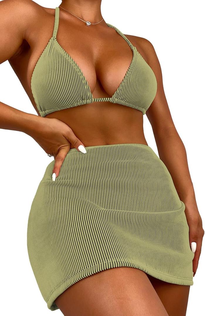 SweatyRocks Women's 3 Piece Zebra Striped Bikini Swimsuit Set & Beach Skirt Set Bathing Suit (Large, Olive Green)
