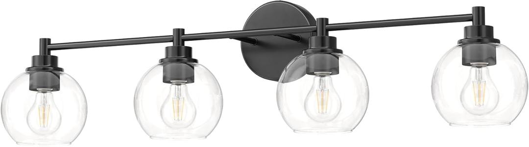 VONLUCE Bathroom Light Fixtures, 4-Light Bathroom Vanity Light with Globe Glass Shades E26 Sockets, Vanity Lights Over Mirror for Bedroom Hallway Living Room, Black Finish