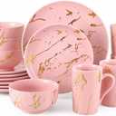 Pink Dinnerware Set for 4, 16-Piece Porcelain, Gold Marble