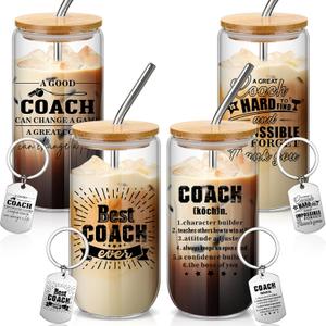 3 Sets Coaches Gifts for Men Women 16 oz Coach Glass Cups with Lids and Straws with Keychain Coaches Appreciation Gifts for Soccer Basketball, Gift for Coach Birthday(Best Coach)