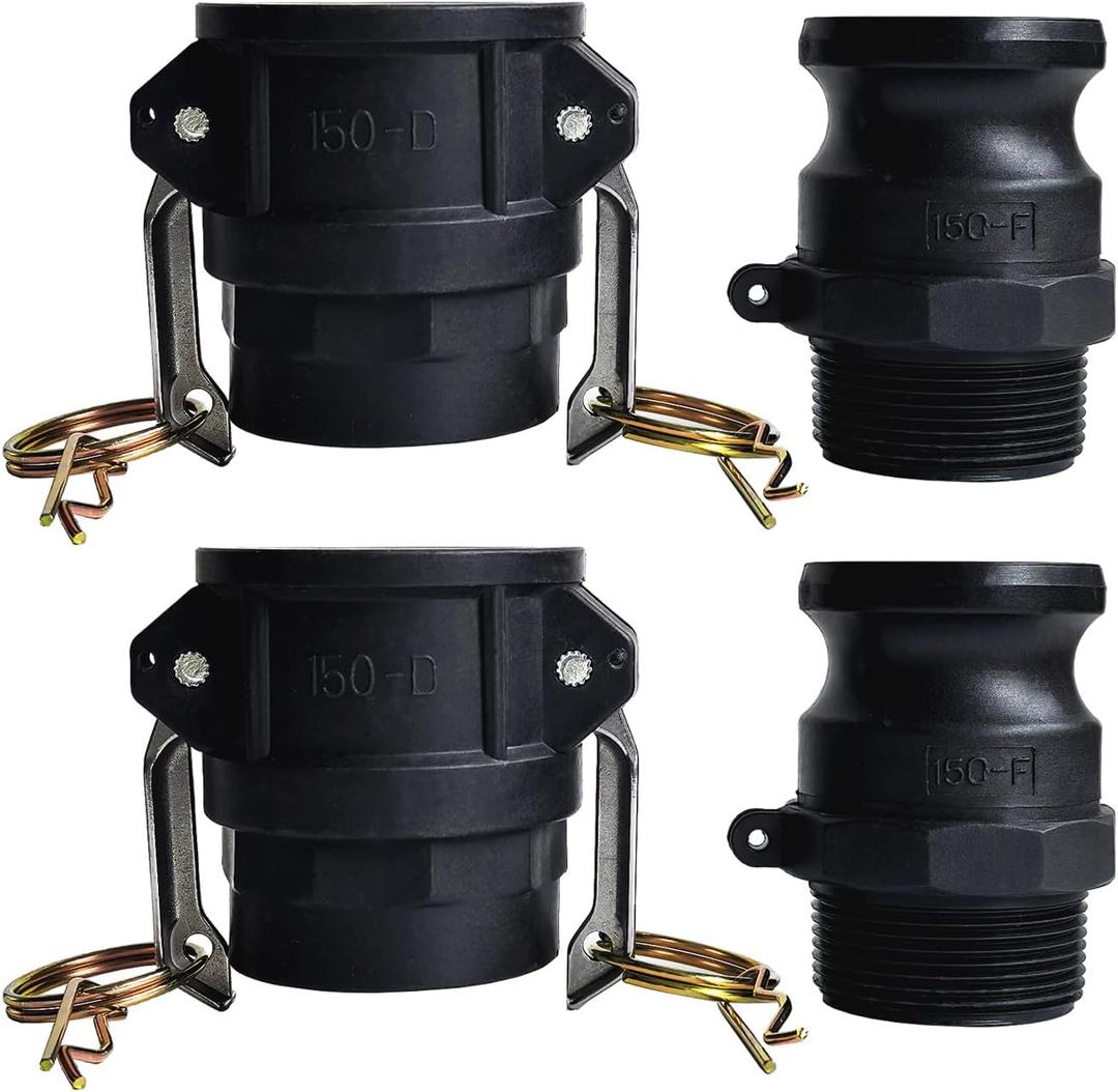 1-1/2 Inch Camlock Fittings Type D & F Polypropylene Cam and Groove Hose Fitting Kit with 1-1/2" Female & Male Camlock x 1-1/2" NPT Female & Male, Cam and Groove Hose Couplings (2 Sets/ 4 Pcs)