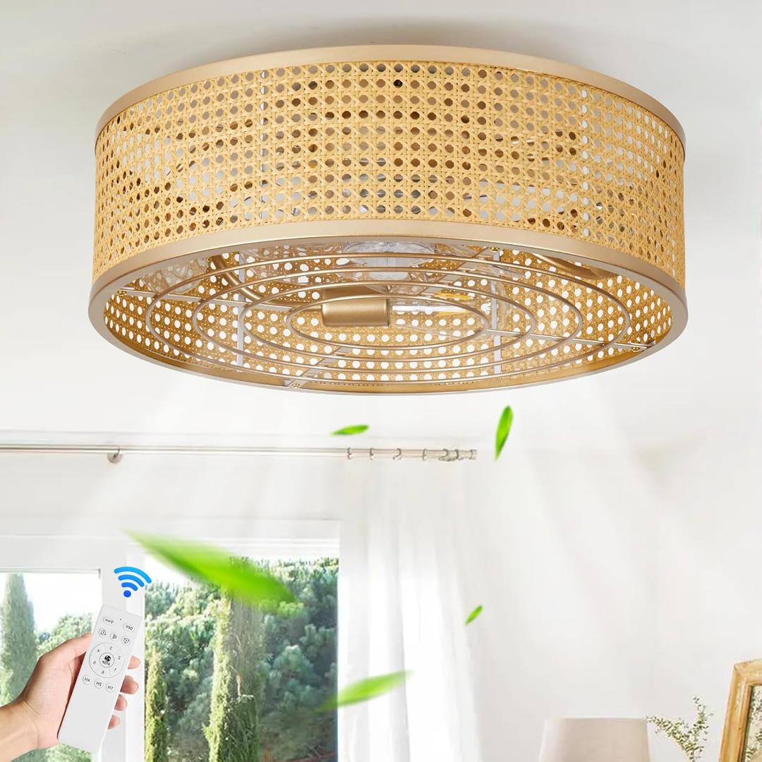 Boho Caged Ceiling Fan with Light, 20'' Rattan Flush Mount Ceiling Fan with Light and Remote Control for Bedroom Kitchen Living Room