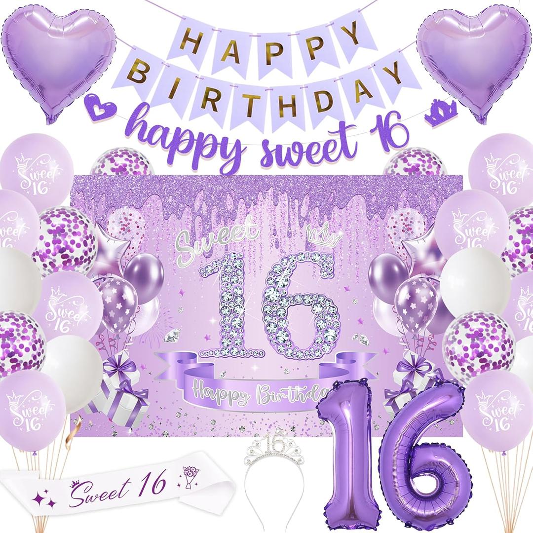Sweet 16 Birthday Party Decorations for Girls - Purple 16th Happy Birthday Banner Heart Balloons Number 16, Photo Backdrop Crown Sash Party Supplies for Sixteen Years Old