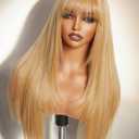 GORGIUS Straight Glueless Wig with Bangs Golden Blonde Layered Hair Ready-to-Go Synthetic Bang Wigs with Realistic Scalp 24 Inch