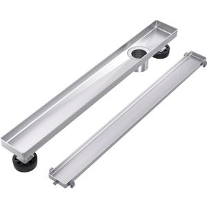 EXF Offset Linear Shower Drain 24 Inch Brushed with Reversible Flat & Tile Insert Cover, Stainless Steel Rectangle Shower Floor Drain with Hair Catcher, Adjustable Feet