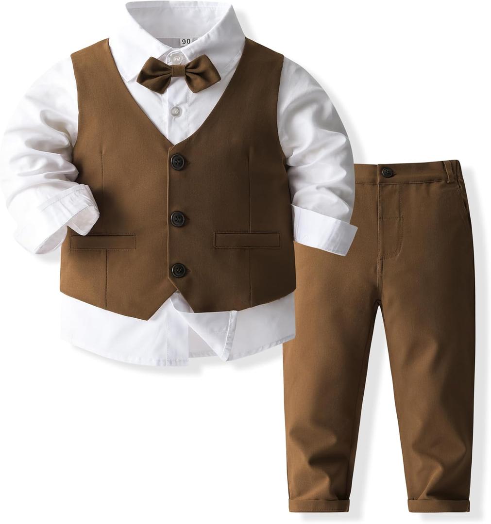Boys 3Pcs Clothing Sets Cotton Long Sleeve Bowtie Shirts +Vest +Pants Casual Suit (4T, Brown)