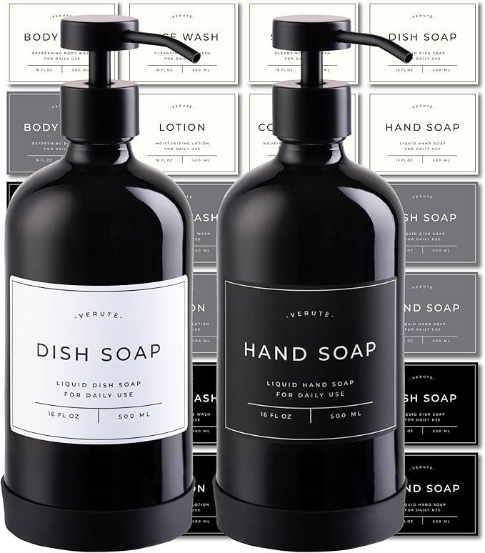 Hand and Dish Soap Dispenser for Kitchen and Bathroom, Set of 2 16 Oz Glass Bottles, Stainless Steel Pumps, Non-Slip Silicone Base, 27 Waterproof Labels (Gloss Black Bottle/Black Pump)