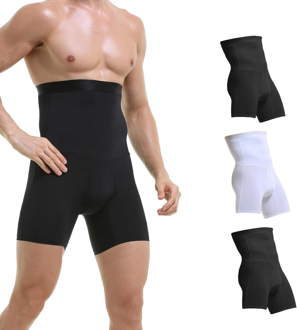 Mens Shapewear Tummy Control Shorts Compression, Slimming Body Shaper Boxer Briefs underwear (Small, Black/White/Black)