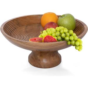 Folkulture Wooden Fruit Bowl for Kitchen Counter | 12" Large Premium Eco Friendly Banana Fruit Basket for Kitchen | Acacia Wood Bowl with Holder, Pedestal for Table Decor, Centerpiece for Dining Table (Natural Ribbed)