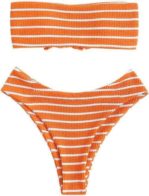 ZAFUL Women Strapless Ribbed High Cut Bandeau Bikini Lace Up 2 Pieces Swimwear (Orange, S)