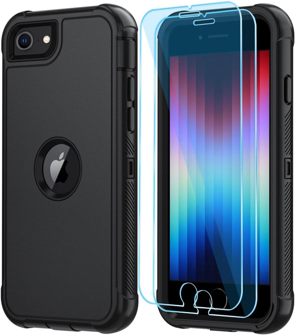 SunStory Compatible with iPhone SE Case 2022/2020 with HD Screen Protector, 3-Layer Heavy Duty Full-Body Cover,3 in 1 Hybrid Protective Case for iPhone SE Case 2022/2020 4.7", Black