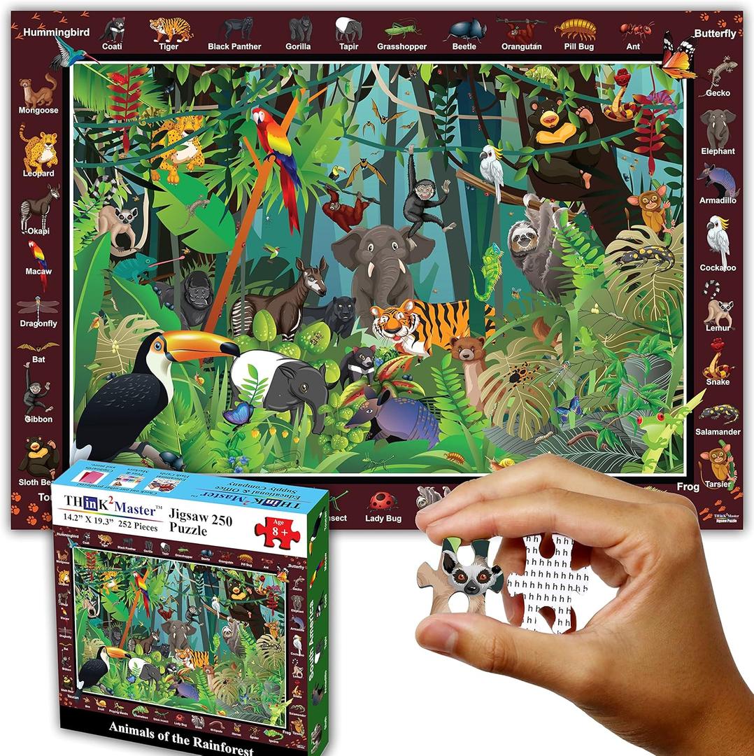 Think2Master Colorful Rainforest Jungle Zoo Animal 250 Pieces Jigsaw Puzzle Fun Educational Toy for Kids, School & Families. Great Gift for Boys & Girls Ages 8+ to Stimulate Learning. 14.2 X 19.3