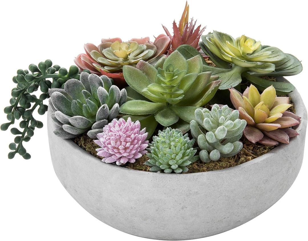 MyGift 8 Inch Round Modern Artificial Succulent Arrangement Potted in Gray Concrete Plant Bowl, Assorted Faux Mini Succulents in a Decorative Planter Pot (Grey)