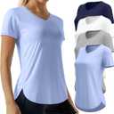 4 Packs Women's Short Sleeve Workout T Shirt Side Slits Curved Hem V Neck Breathable Exercise Tops Quick Dry UV Tee (Large)