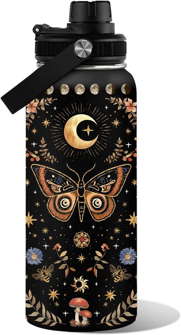Orange Butterfly Moon Flower Water Bottle 32oz, Boho Aesthetic Stainless Steel Tumbler With Lid, Double Wall Vacuum Insulated Vintage Coffee Travel Cup, Christmas Birthday Gift for Women Girls