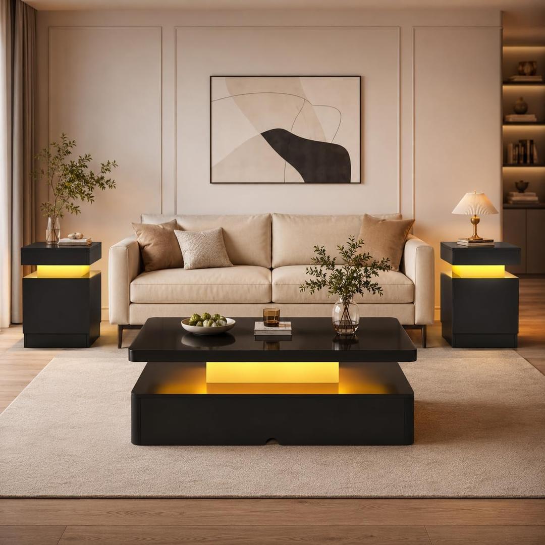 3 Piece Living Room Table Set, Includes 40" LED Coffee Table and 2 LED End Tables with Storage, Modern High Gloss Coffee Table Set for Living Room, Black, 40"+15"
