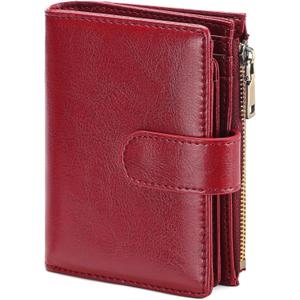 GAEKEAO Womens Wallet Small Vegan Leather RFID Blocking Bifold Zipper Pocket Wallet Card Case Purse with ID Window (B1-Wax Red)