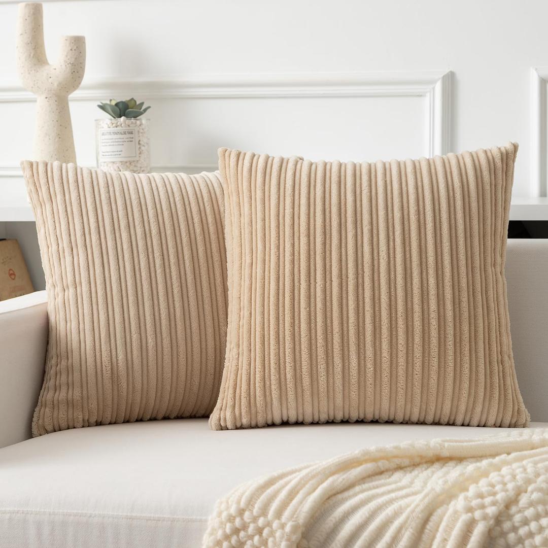 Kevin Textile Throw Pillow Covers Soft Corduroy Decorative Set of 2 Boho Striped Pillow Covers Pillowcases Farmhouse Home Decor for Couch Bed Sofa Living Room 24x24 Inch Beige