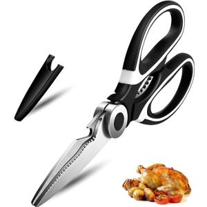 Kitchen Shears - 2025 New Heavy Duty Scissors Multi Purpose Ultra Sharp Stainless Steel Shears for Poultry, Chicken, Fish, Meat, Herbs, Vegetables and BBQ, Black & Silver