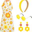 SATINIOR 4 Pcs 60s 70s Women's Hippie Costume Retro Disco Outfit Groovy Earring Headband Dress Sunglasses for Halloween Party XL 