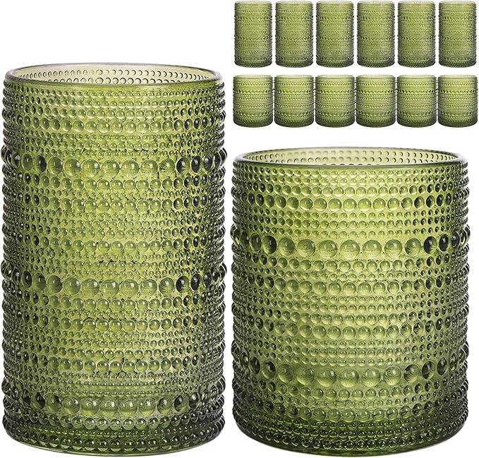 Moretoes Hobnail Glasses - Set of 12 - 15 oz Highball Glasses and 12 oz Cocktail Glasses - Green Embossed Boho Glass Tumblers for Kitchen Bar - Glassware Set for Whiskey, Beer, Juice, Milk