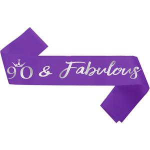 90 Fabulous Sash, 90th Birthday Sash, Purple Satin Sash with Silver Foil Letter Happy 90th Birthday Accessories Decorations Party Favor,Purple Silver