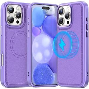 Meifigno Magnetic Case Designed for iPhone 16 Pro Max, [Luxury PU Leather] [Compatible with Magsafe] [Metal Button] Protective Phone Case Compatible with iPhone 16 Pro Max (2024) 6.9", Purple 2Pcs