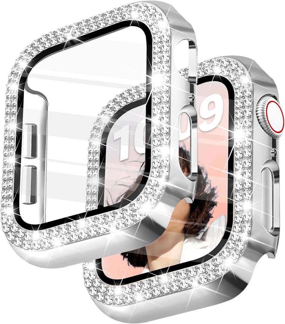 Bling Watch Case with HD Screen Protector Women Compatible with Apple Watch 40mm Diamond Protective PC Face Cover Frame Protector for iWatch Series 6/5/4/SE/SE2/SE3 Silver