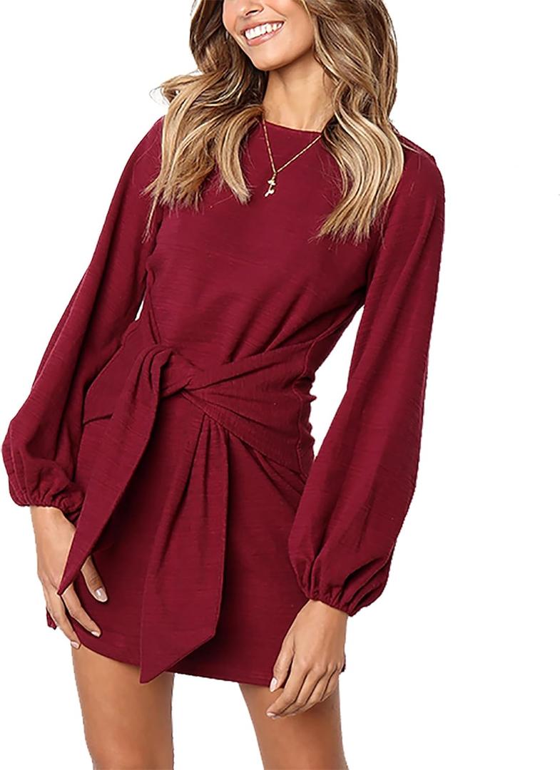 PRETTYGARDEN Womens Spring Elegant Long Lantern Sleeve Short Dress Wedding Guest Crewneck Tie Waist Knit Cocktail Dresses (Wine Red, Large)