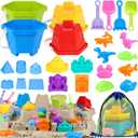 HUUIDY Beach Toys for Kids, Sand Toys with 4 Sand Buckets and Shovels for Kids, Sand Castle Building Kit with Mesh Bag & Molds, Travel Beach Essentials Sandbox Toys for Toddlers Boys Girls Age 4-12