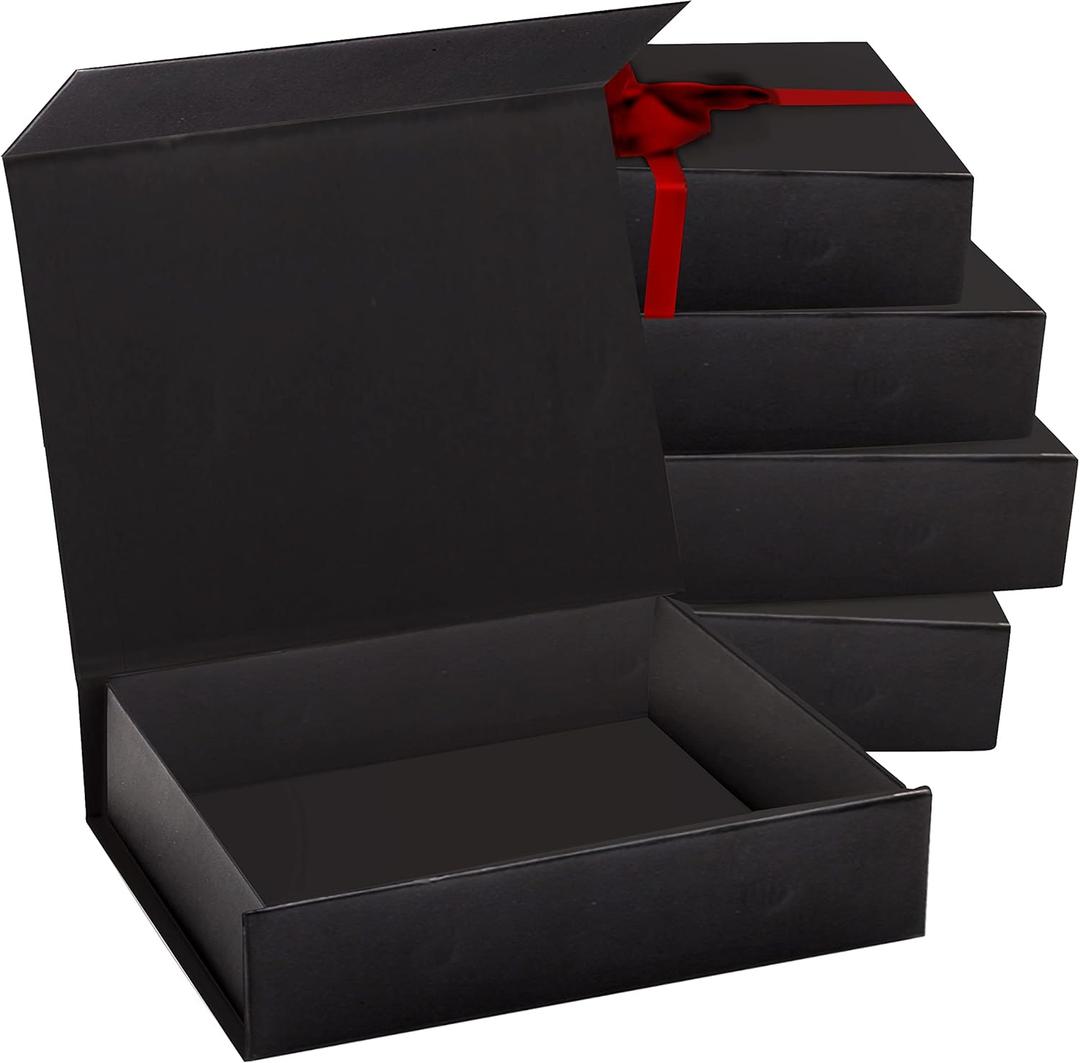 5 Pack Black Hard Gift Box with Magnetic Closure Lid 7" x 5" x 1.6" Rectangle Boxes For Gifts With Black Glossy Finish (Black, 5 Boxes)