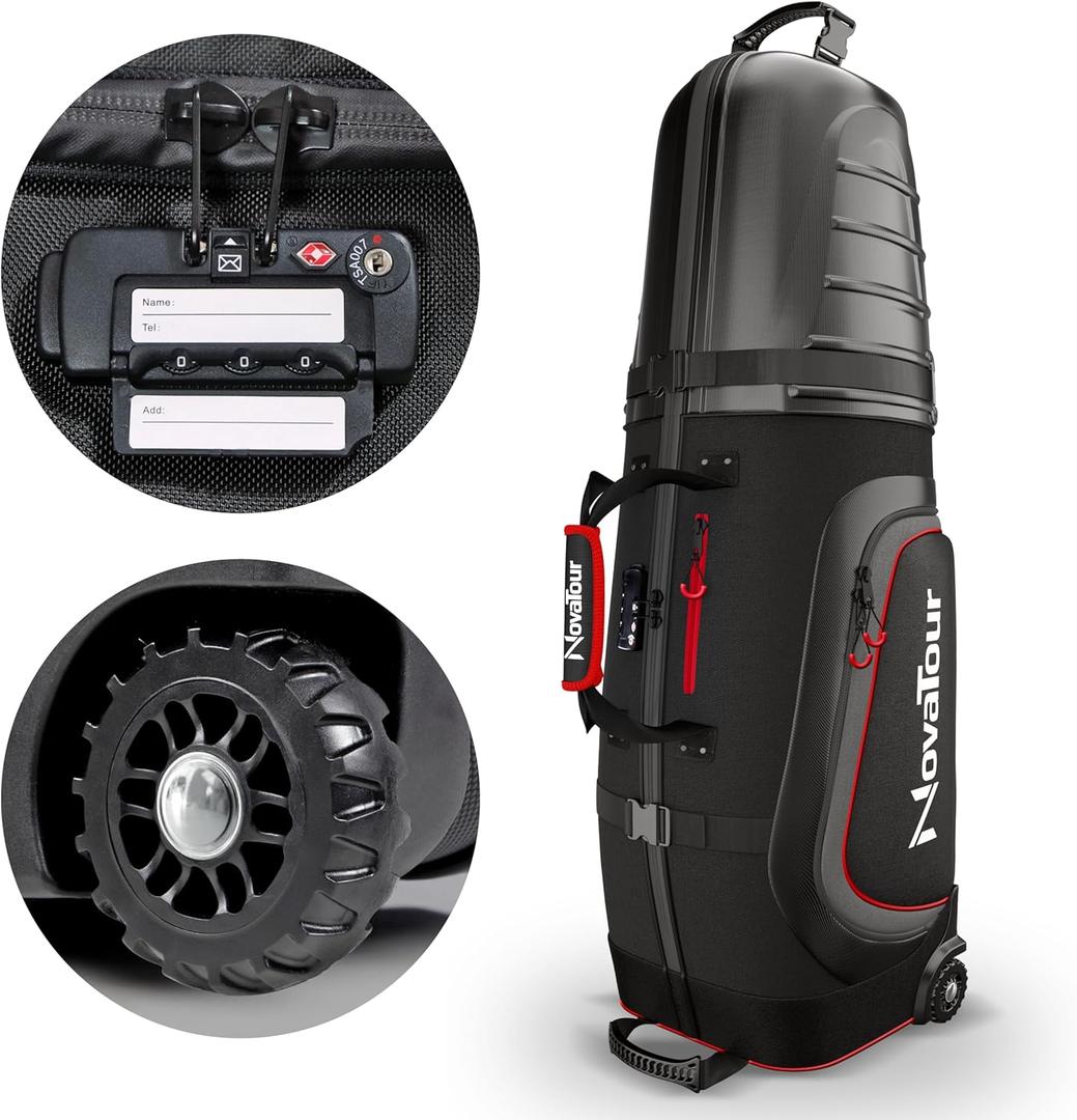 Golf Travel Bag for Airlines: Hard Case Top, Waterproof Zippers, 1680D Oxford Fabric, Built-in TSA Lock, Oversized Tank Wheels, Lightweight, Easy to Maneuver  Maximum Club Protection (Black Crimson)