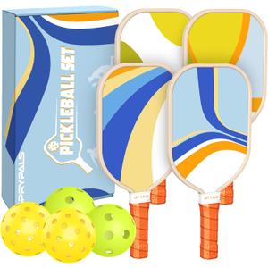 Pickleball Paddles Set of 4, Premium Wood with 4 Indoor & Outdoor Pickleball Balls and 1 Carry Bag, Pickleball Rackets with Ergonomic Cushion Grip for Beginner & Professional Gifts for Women Men Youth