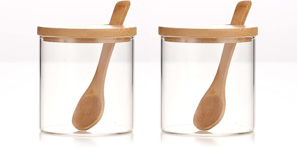 300ML/10Oz Clear Glass Jar with Bamboo Lid and Wooden Spoon, Cute Sugar Bowl Bath Salt Storage Canister Seasoning Container Condiment Pot with Scoop for Spice, Pepper for Kitchen, Table, Countertop