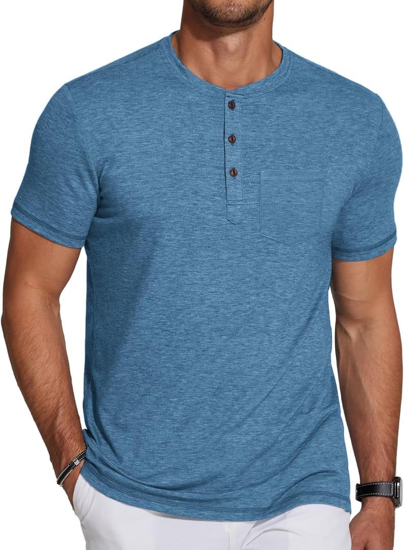 COOFANDY Men's Soft Henley Short Sleeve T Shirts Casual Basic Shirt with Pocket 3 Button Tees Summer Tops (Blue, XXL)