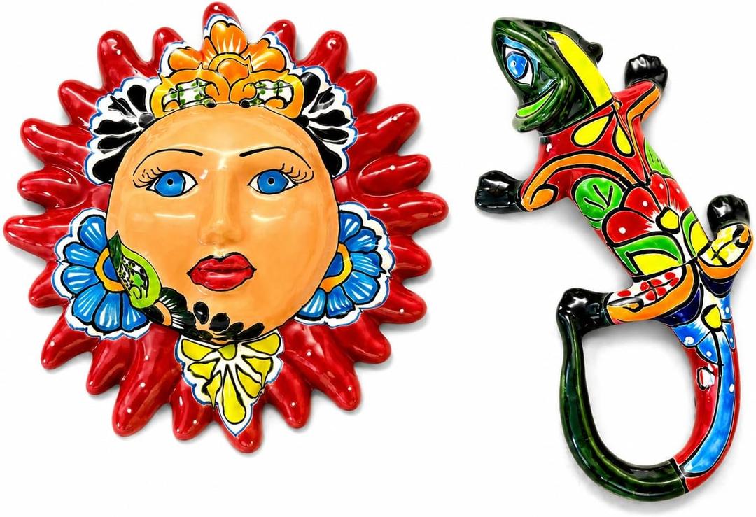 Mexican Talavera Wall Decor Bundle – 10 Inch Hand Painted Ceramic Sun Face & Multicolor Talavera Lizard | Handmade Mexican Folk Art | Indoor & Outdoor Wall Decoration
