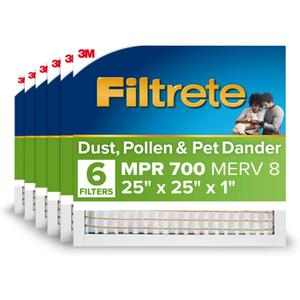Filtrete 25x25x1 Air Filter, MERV 8, MPR 700, Dust, Pollen & Pet Dander Reduction, 3-Month AC and Furnace Filter, Easy on Air Flow, 6 HVAC Filters (Actual Size 24.81 x 24.81 x 0.81 in)